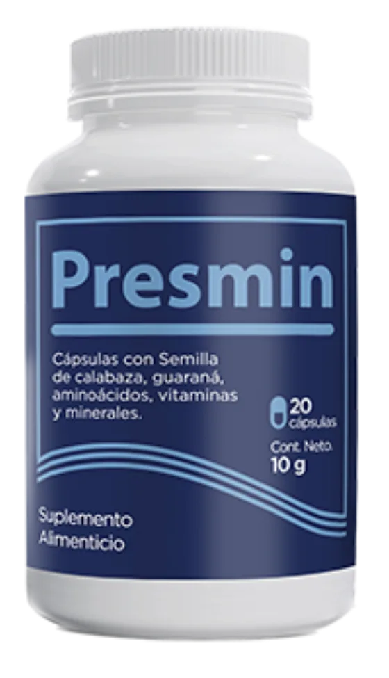 Frasco de Presmin · suplemento alimenticio de 20 cápsulas con 8 activos para apoyar la próstata y la salud masculina