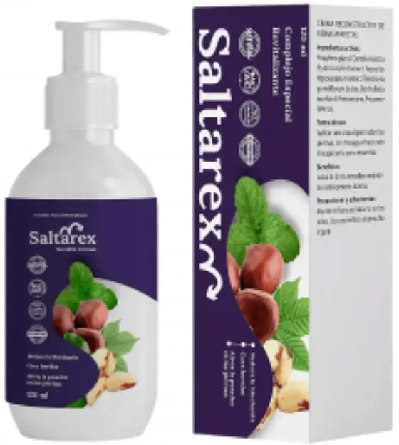 Frasco de crema Saltarex con dosificador · complejo especial de 6 activos naturales para várices y venas de las piernas
